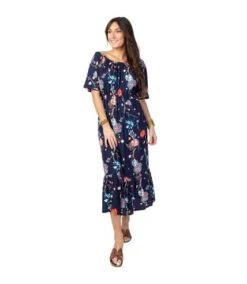 Robe Longue Chic DALIA Col Bardot Imprimé Fleuri Bleu Coton Du Monde