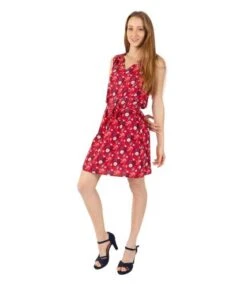 Robe Courte Col V Coupe Droite ELISA Motif Fleuri Rouge Coton Du Monde