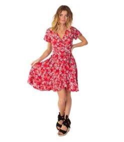 Robe Courte MARIKA Fluide Cache-cœur Fleurie Rouge Coton Du Monde