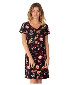 Robe Courte Fluide NATALIA Manches Courtes Imprimé Fleuri Noir Coton Du Monde