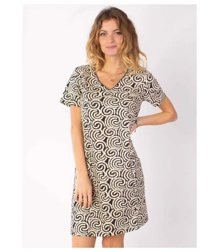 Robe Manches Courtes En Coton CLAUDIA Imprimé Ethnique Beige Coton Du Monde 2 Robe Manches Courtes En Coton CLAUDIA Imprimé Ethnique Beige Coton Du Monde – Image 2