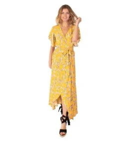 Robe Longue SAKURA Bohème Imprimé Fleuri Jaune Coton Du Monde