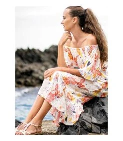 Robe Longue Chic DALIA Col Bardot Imprimé Fleuri Blanc Coton Du Monde -BelleTendance Soldes Boutique AB550D96836B6CA021C18002C4A8006EA98DF8229A7398105E515D8BC25205DA