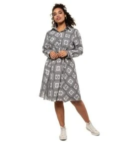 ULLA POPKEN Robe Chemisier Carreaux Manches Longues écru