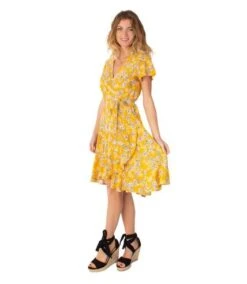 Robe Courte MARIKA Fluide Cache-cœur Fleurie Jaune Coton Du Monde