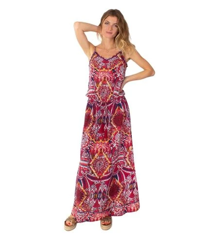 Robe Longue Fendue Fines Bretelles ALBA Imprimé Ethnique Rouge Coton Du Monde 1 Robe Longue Fendue Fines Bretelles ALBA Imprimé Ethnique Rouge Coton Du Monde