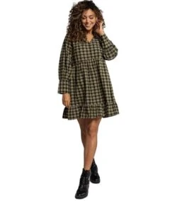 ULLA POPKEN Robe Mini, Carreaux, Encolure V, Base Volantée, Manches Longues Vert Loden