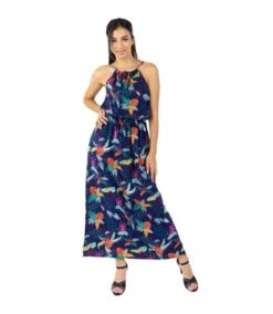 Robe Longue Col Licou NAYA Imprimé Tropical Bleu Coton Du Monde